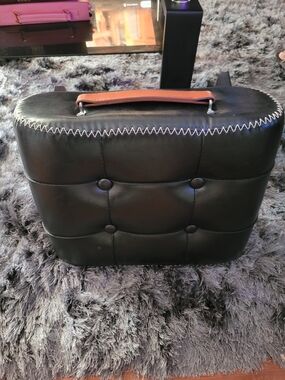 Black Quilted Leather Briefcase with Brown Top Handle